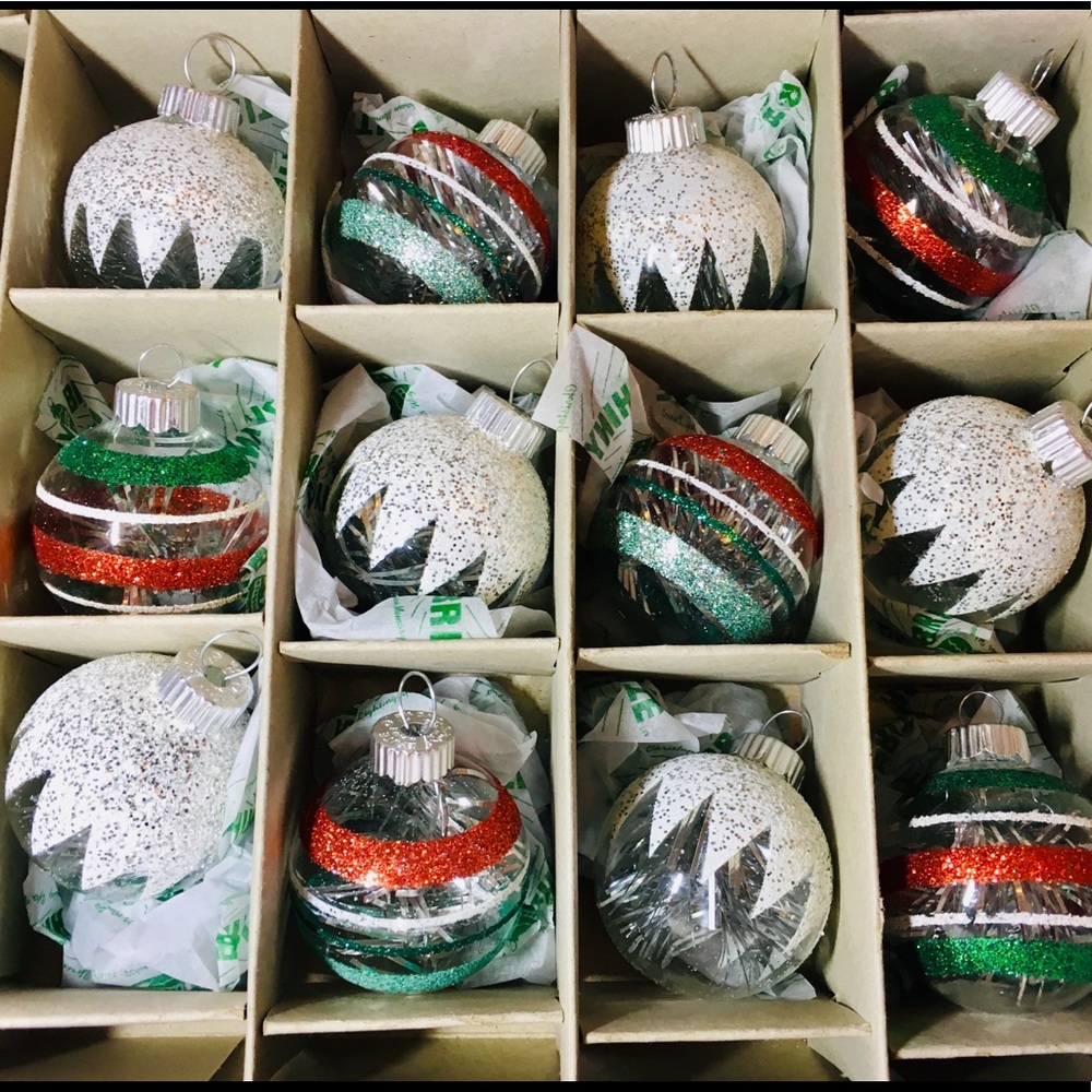 12 Christmas Radko Clear Glass Ball Ornaments Tinsel & Snow Glitter Stripes - Picture 2 of 9